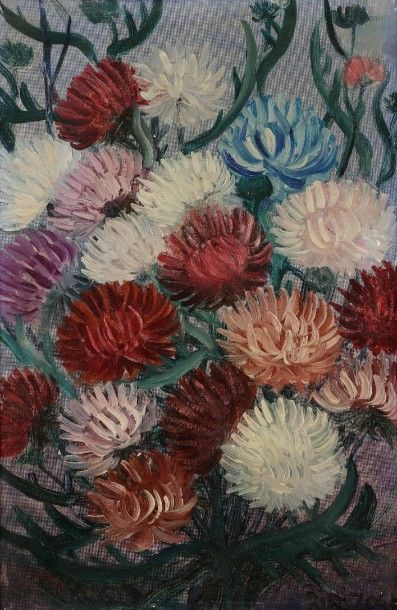 Bibi ZOGBE [libanaise] (1890-1973) 
Fleurs
Huile sur toile contrecollée sur panneau.
Signée...