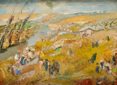 Dora KHAYATT [égyptienne] (1912-1986) 
Paysage d'Égypte, 1954
Huile sur panneau.
Signée...