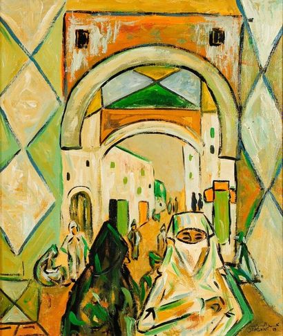 Mohamed SARGHINI [marocain] (1923-1991) 
Sous les arcades, 1989
Huile sur toile.
Signée...