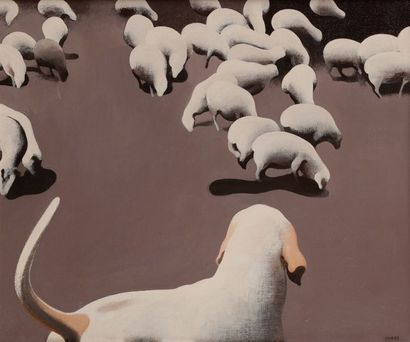 Henri CUECO (né en 1929) 
Chien et moutons
Huile sur toile.
Signée en bas à droite.
46...