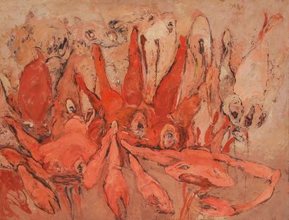 Roger Edgar GILLET (1924-2004) 
Les Homards, vers 1969
Huile sur toile.
Non signée.
89...