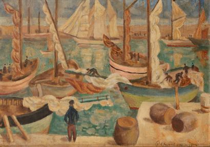 Pierre CHARBONNIER (1897-1978) 
Le Port
Huile sur toile.
Signée en bas à droite.
38...
