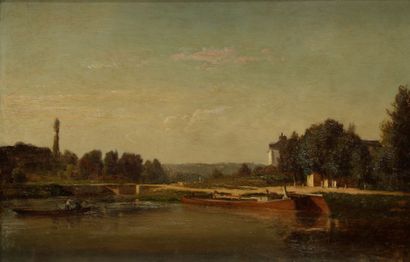 Charles-Émile LAMBINET (1815-1877) 
Péniche en bord de rivière
Huile sur panneau.
Signée...