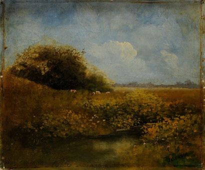 Jean-Charles CAZIN (1841-1901) 
Paysage à la rivière
Huile sur panneau.
Signée en...