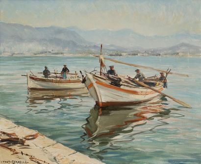 Tony CARDELLA (1898-1976) 
Bateaux dans la baie d'Ajaccio
Huile sur toile.
Signée...