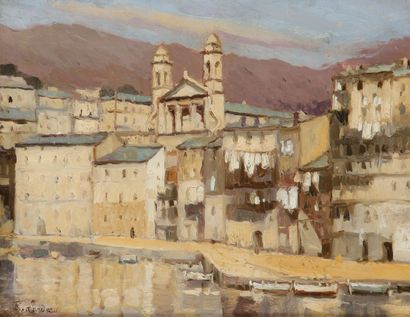 Remy E. LANDEAU (1859-1934) 
Bastia, le vieux port et l'Église
Huile sur isorel.
Signée...