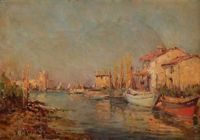 Vincent MANAGO (1880-1936) 
Port méditerranéen
Huile sur toile.
Signée en bas à gauche.
38...