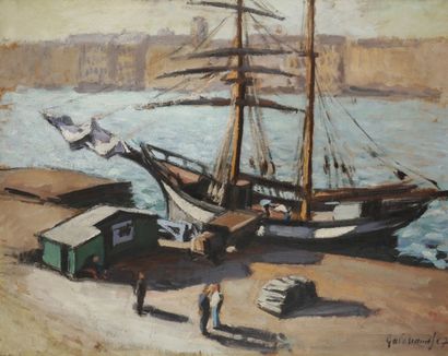 Josué GABORIAUD (1883-1955) 
Bateau dans le port de Marseille, 1927
Huile sur papier...