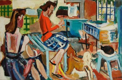 François DESNOYER (1894-1972) 
Deux femmes dans un intérieur
Huile sur toile.
Signée...