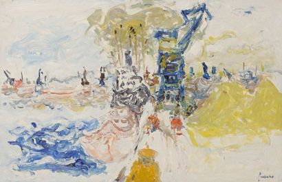 Jean FUSARO (né en 1925) 
Sète, bateaux à quai
Huile sur papier contrecollé sur toile.
Signée...