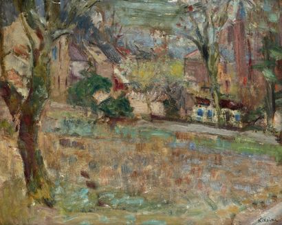 Michel KIKOÏNE (1892-1968) 
Village
Huile sur carton contrecollé sur toile.
Signée...