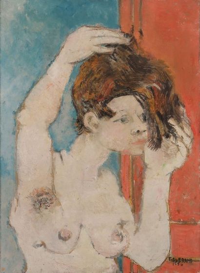 Gérard Tisserand (1934-2010) 
Femme sur fond rouge et bleu, 1956
Huile sur toile.
Signée...