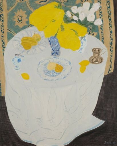 Pierre BONCOMPAIN (né en 1938) 
Tulipes blanches et mimosas
Huile sur toile.
Signée...