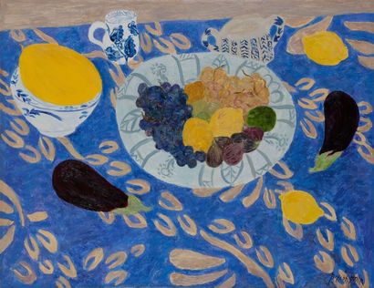 Pierre BONCOMPAIN (né en 1938) 
Citrons sur la nappe bleue
Huile sur toile.
Signée...