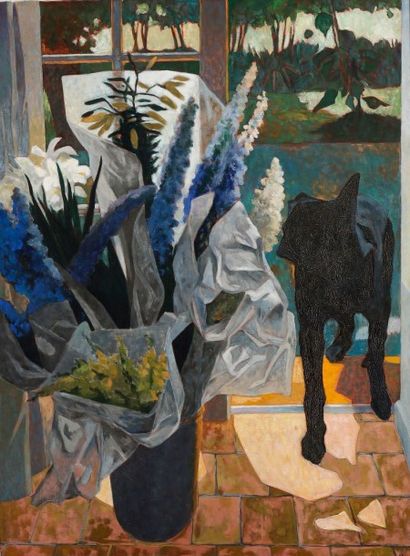 Jean LAMOUROUX (1933-2008) 
Bouquet de fleurs et chien à la campagne
Huile sur toile.
Signée...