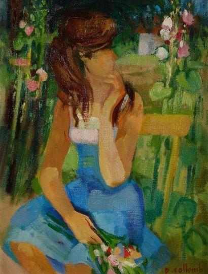 Paul COLLOMB (né en 1921) 
Jeune fille dans le jardin
Huile sur toile.
Signée en...