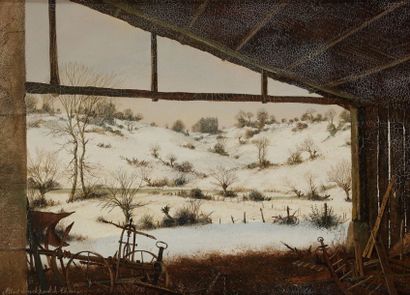 Albert DRACHKOVITCH-THOMAS (Né en 1928) 
Paysage de neige
Peinture sur panneau.
Signée...