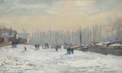 ALBERT LEBOURG (1849-1928) 
Bords de Seine, péniches à quai
Huile sur toile.
Signée...