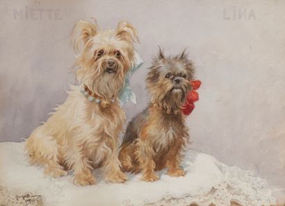 Georges Louis Charles BUSSON (1859-1933) 
Portrait de chien, Miette et Lina, 1907
Aquarelle.
Signée...