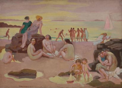Maurice DENIS (1870-1943) 
Plage au bateau rose ou plage à la mer jaune, 1927
Huile...