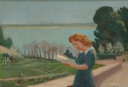 Maurice DENIS (1870-1943) 
Femme lisant au bord d'un lac
Huile sur toile.
Signée...