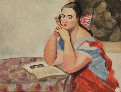 Roger BISSIÈRE (1886-1964) 
La lectrice
Huile sur toile contrecollée sur panneau.
Signée...