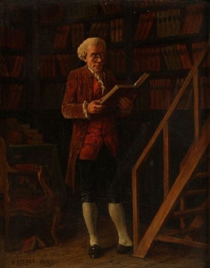 Eugène Benjamin FICHEL (1826-1895) 
Le Bibliothécaire, 1873
Huile sur panneau.
Signée...