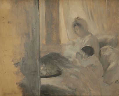 Albert BESNARD (1849-1934) 
Maternité
Huile sur panneau.
Signée en bas à gauche.
38...