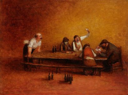 Jean VEBER (1868-1928) 
Joueurs de cartes à l'auberge
Huile sur panneau.
Signée en...