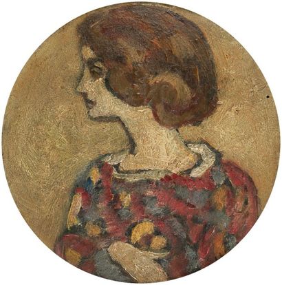 Louis VALTAT (1869-1952) 
Profil de femme
Huile sur carton en tondo.
Monogrammé en...