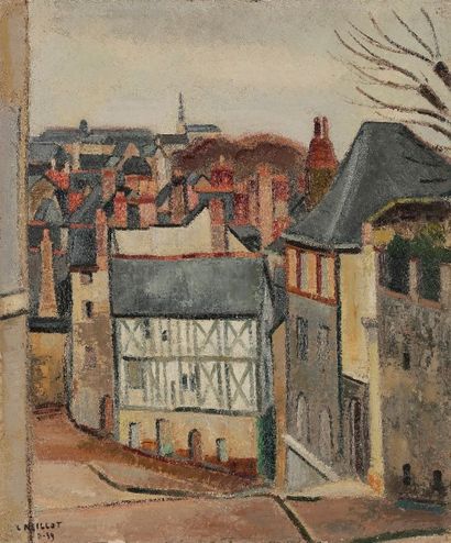 Louis NEILLOT (1898-1973) 
Angers, maisons devant la cathédrale, 1939
Huile sur toile.
Signée...