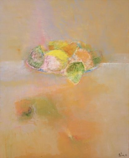 Denise DOBIN (1916-2010) 
Nature morte aux citrons, 1985
Huile sur toile.
Signée...