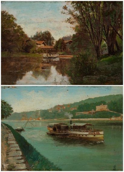 Ecole française fin XIXe siècle 
Bateaux à vapeurs sur la rivière - Maison au bord...
