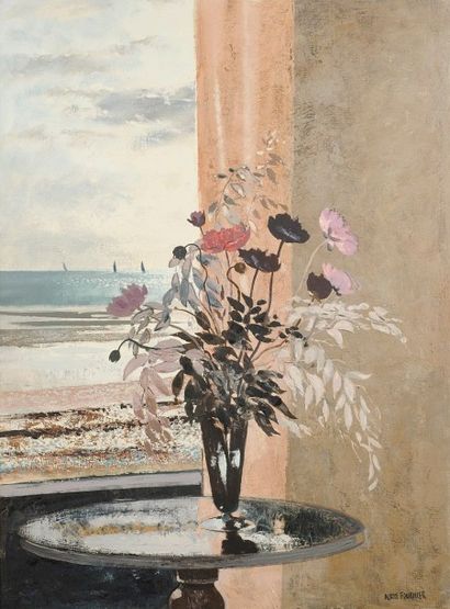 Alain A. FOURNIER (1931-1983) 
Fenêtre ouverte sur la plage
Huile sur toile.
Signée...