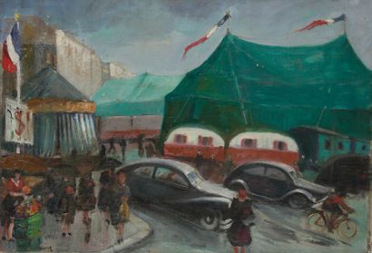 Fernand ANDREY-PREVOST (1890-1961) 
Vue animée d’un cirque en ville
Huile sur toile.
Signée...