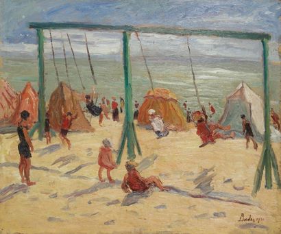 Léonard BORDES (1898-1969) 
A la plage, 1930
Huile sur panneau.
Signée et datée en...