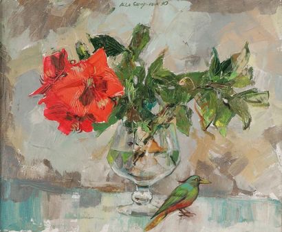 Alla Sapojnikova dit ALLA (vers 1950 - ) Vase de fleurs et oiseau, 1990 Huile sur...