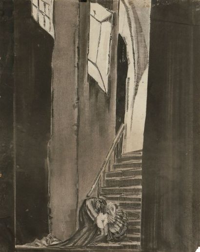 André ANDREJEW (1887 - 1967) L’escalier Lavis d’encre et fusain. Attribué à Raskolnikow...