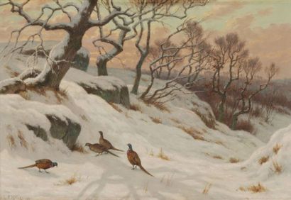Georges Frédéric ROTIG (1873-1961) 
Faisans dans la neige, 1942
Huile sur toile.
Signée...