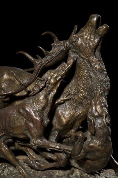 Pierre-Jules Mene (1810-1879) 
Chasse au cerf n°2.
Modèle de 1844.
Bronze à patine...