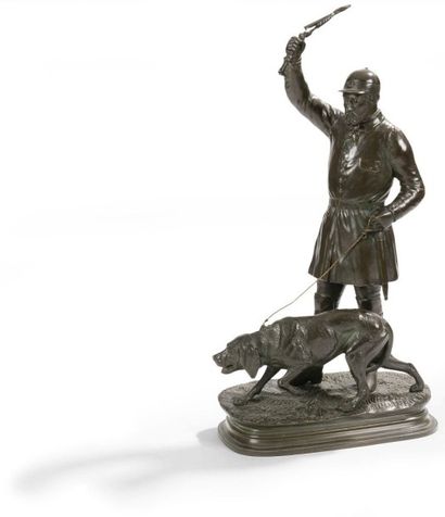 Edouard Paul DELABRIERRE (1829-1912) 
Le piqueux et son chien
Groupe en bronze à...