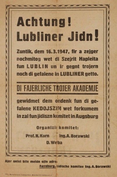 [DÉPORTATION] Achtung Lubliner Jidn : Affiche en yiddish en caractères latins invitant...