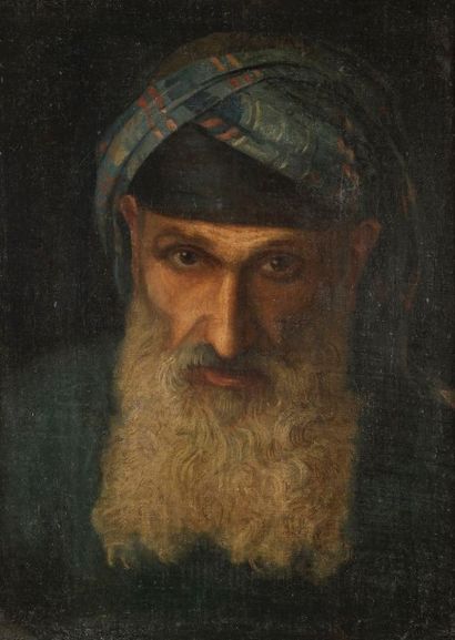 ÉCOLE D’AFRIQUE DU NORD DU XIXe SIÈCLE Portrait de rabbin
Huile sur toile.
Rentoilée.
45...