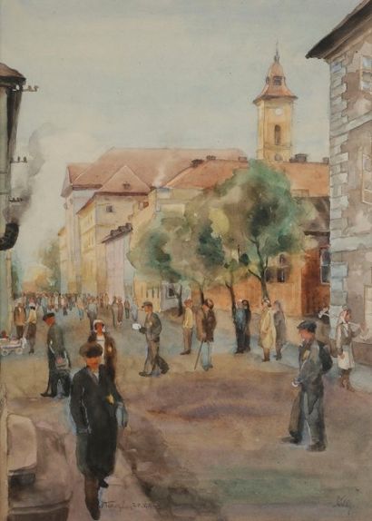 [ÉCOLE DU XXe SIÈCLE] Scène de rue à Teresienstadt, 1943
Dessin à l’aquarelle.
Porte...