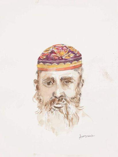 Maurice ARAMA (né en 1934) Portrait de juif à la kippah 
Mine de plomb et aquarelle....