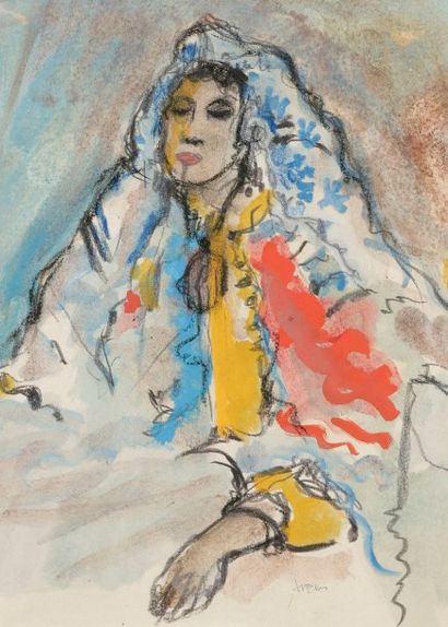 Maurice ARAMA (né en 1934) Jeune juive 
Crayon gras, gouache et aquarelle. 
37,5...