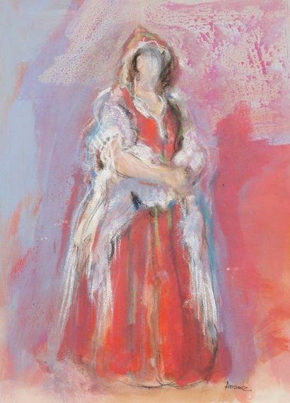 Maurice ARAMA (né en 1934) Femme juive à la robe rouge 
Crayon gras, gouache et aquarelle....