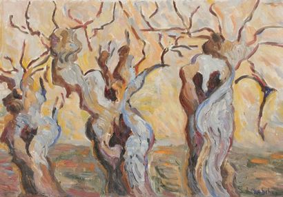 Marie CHABCHAY (1880-1983) Les vieux arbres
Huile sur toile.
Signée en bas à droite.
38...