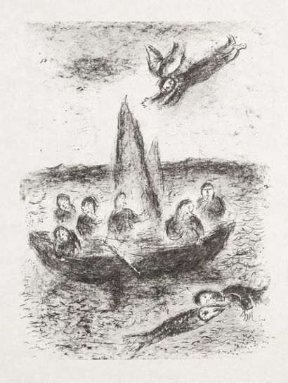 Marc CHAGALL (1887-1985) La barque de Jonas 
Lithographie en noir et blanc sur papier...