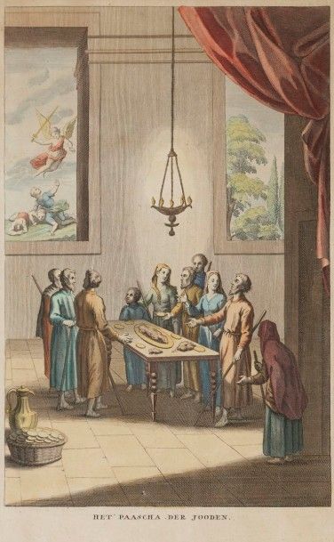 [GRAVURE aquarellée] La Pâque des Juifs
XVIIIe siècle.
Titrée en hollandais.
28 x...